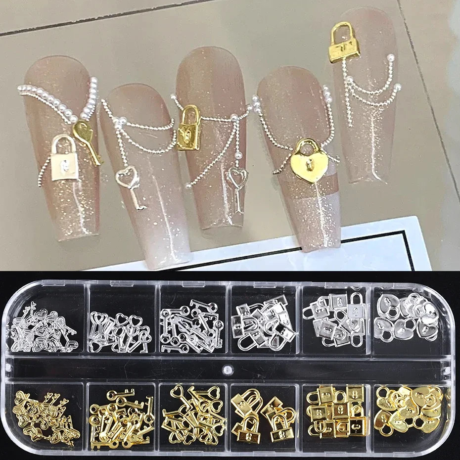 Gold Foil Flakes - 12 グリッドゴールドシルバーメタルロックキーネイルデコレーションパーツラブハートチャームジュエリー DIY バレンタインのマニキュアアクセサリーフレーク