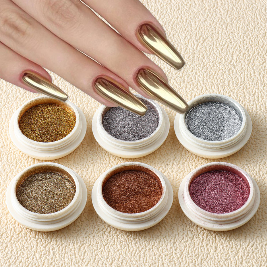 Gold Foil Flakes - 6pc ゴールドメタリックミラーグリッターネイルアートダストローズゴールドシルバーパウダー UV ジェルポリッシュクローム摩擦顔料フレークマニキュア装飾