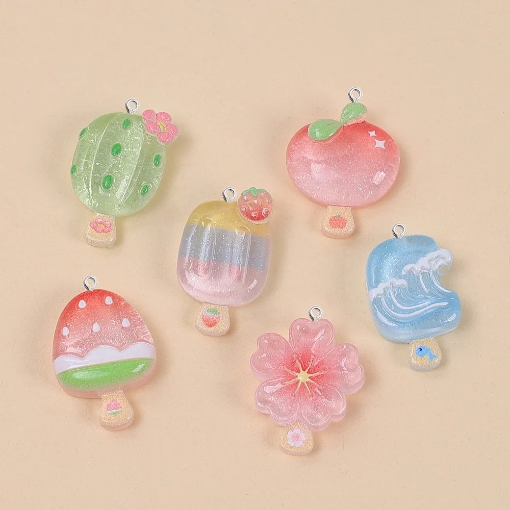 Resin Craft Material - 10個入り カワイイ 夏のアイスキャンディー レジンペンダント サボテン 桃の花